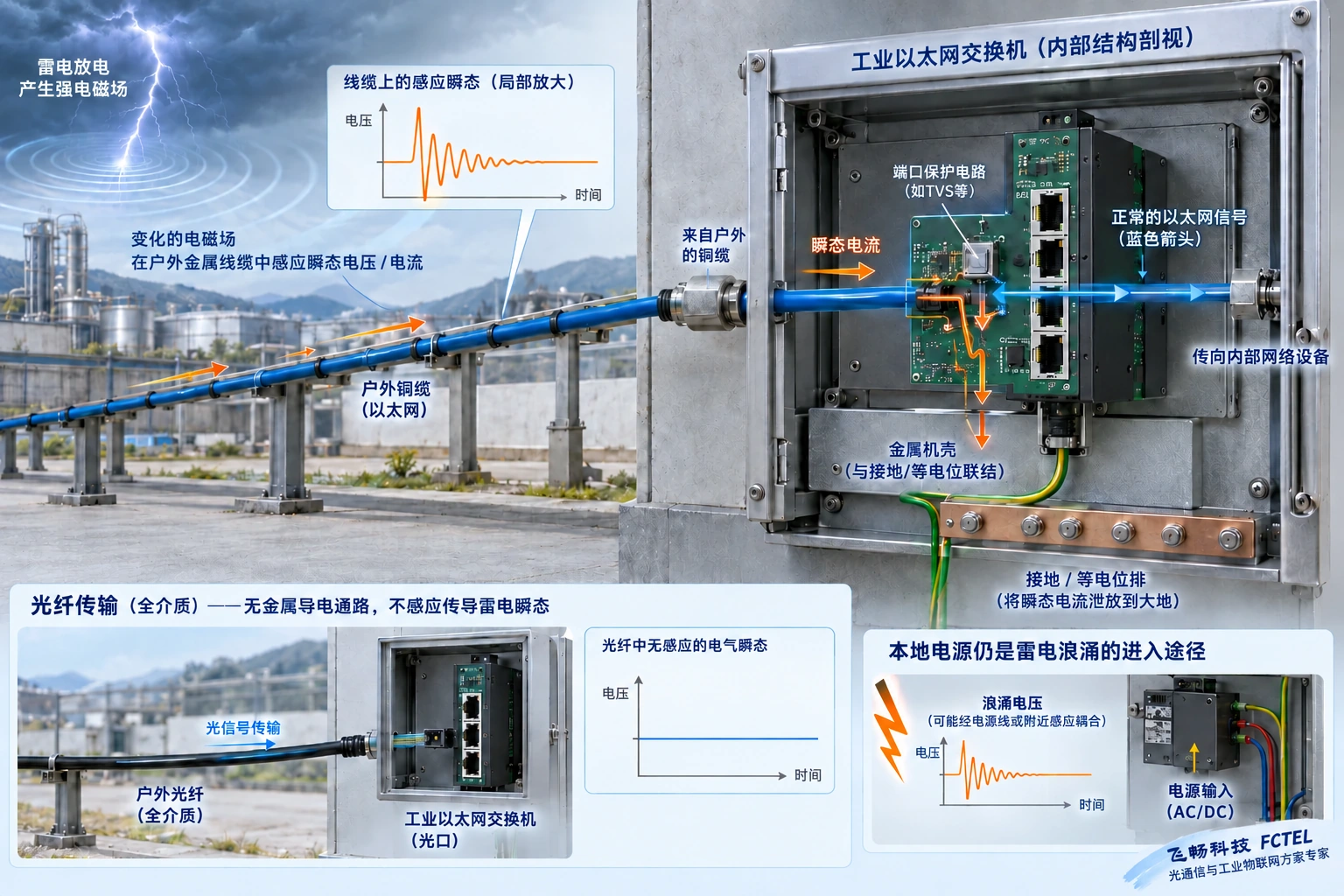 铜通信线路中的瞬态与全介质光纤路径比较，本地电源仍可能承受浪涌