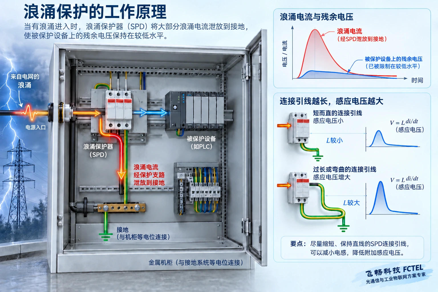 浪涌保护器分流并限制电压，连接引线电感影响残余电压