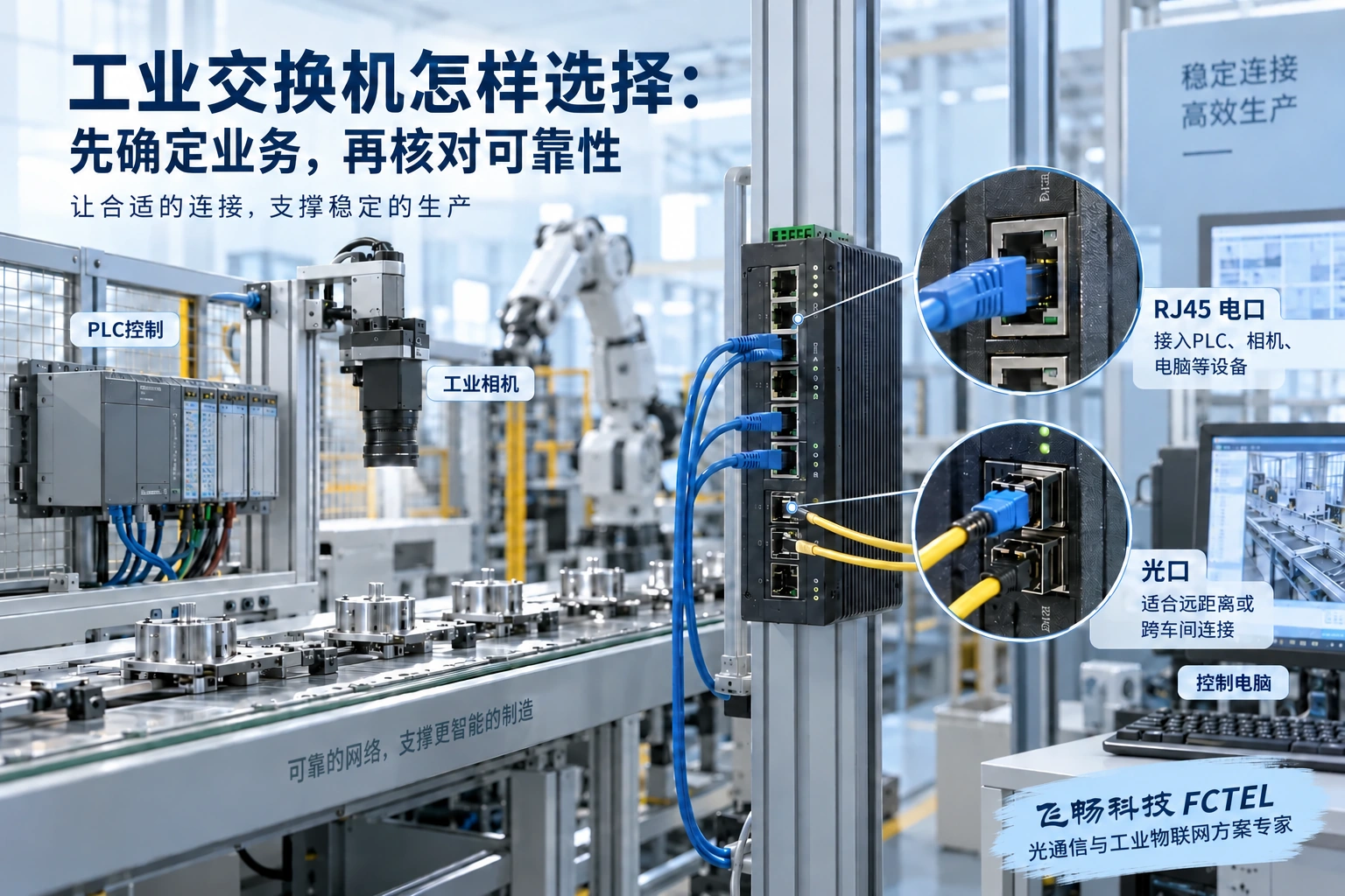 生产线终端经电口与光口连接工业交换机，接口必须与业务对应
