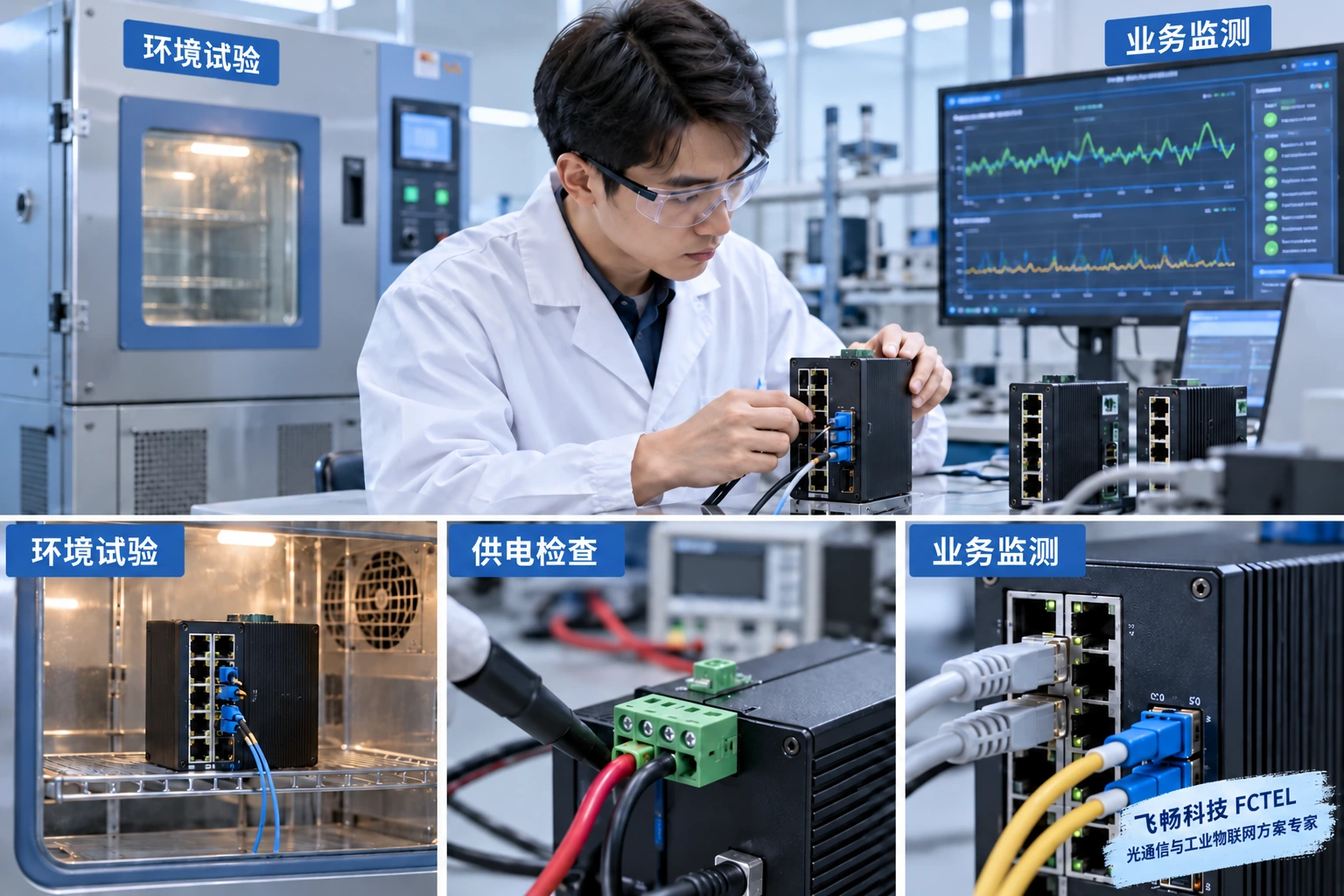 环境、供电与实际业务分别验证，图中人员和测试画面仅为示意
