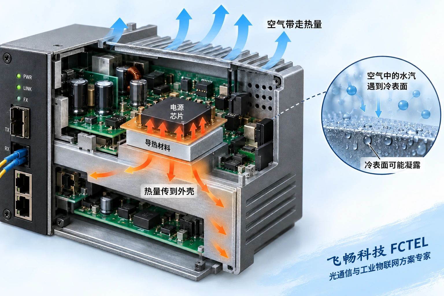 光端机内部热量经外壳和空气散出以及冷表面凝露的机制