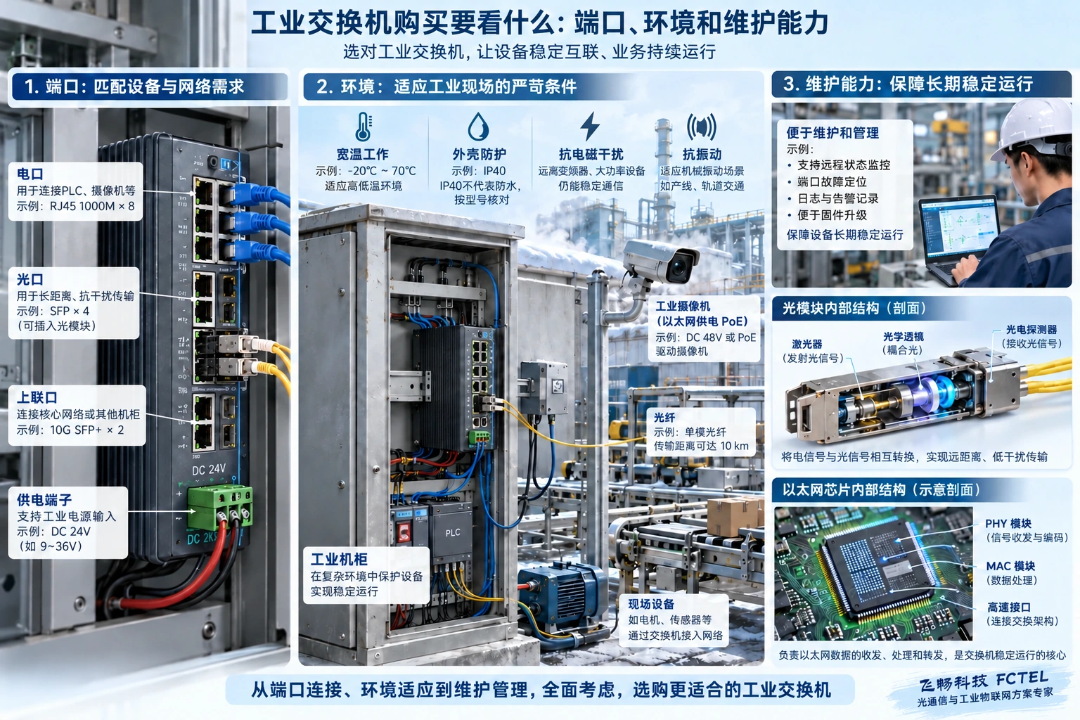端口、环境和维护能力分别核对,IP40不代表防水,图中参数仅示例