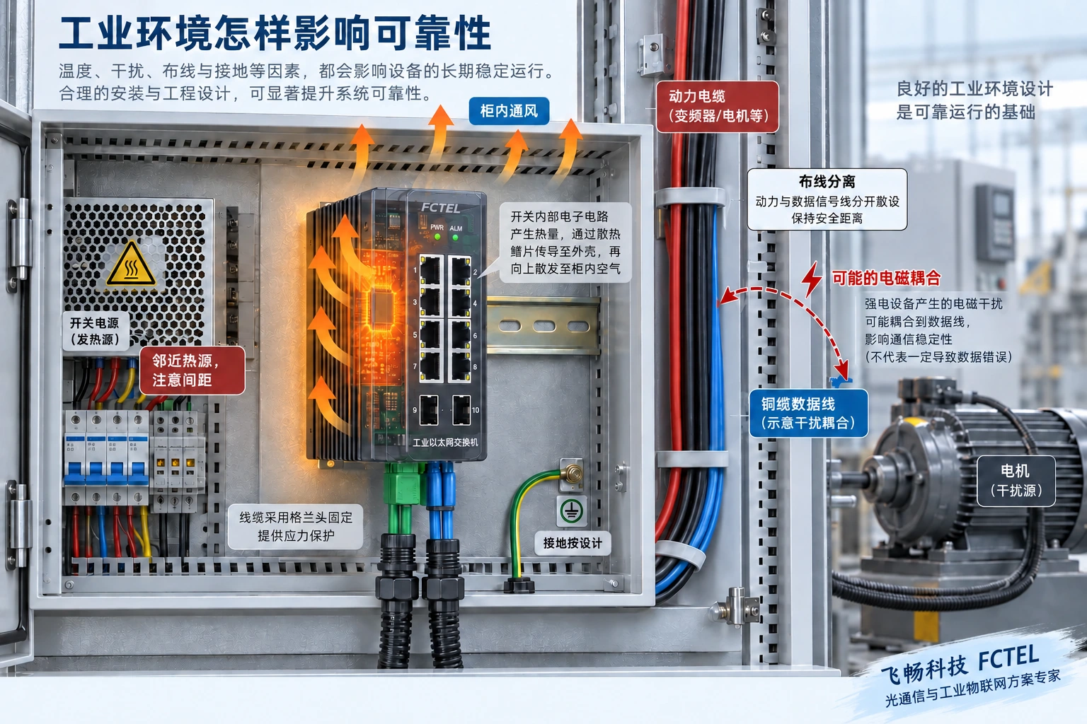 工业交换机内部热量传导到金属壳体并由空气带走，数据线与干扰源分离布置，接地按系统设计