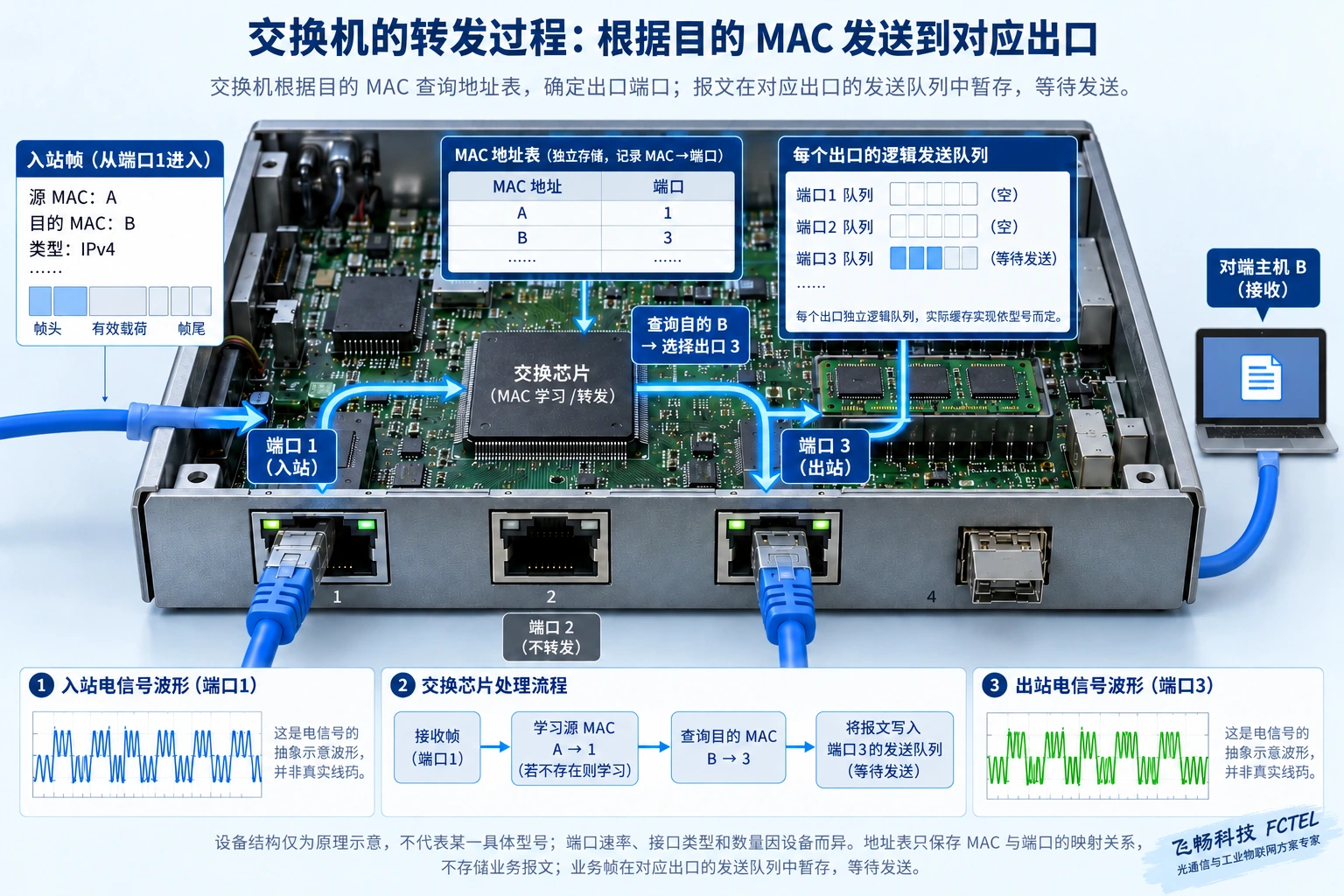 地址表回答从哪个端口送出帧，出口队列暂存待发送帧；二者不是同一张表。