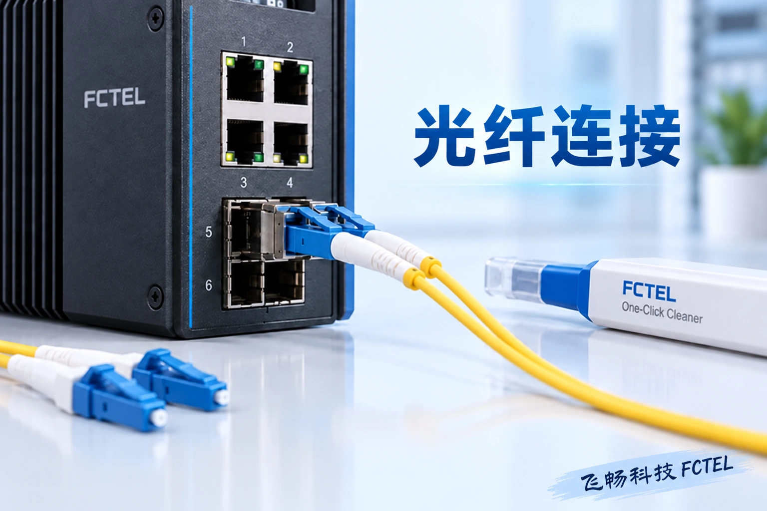 工业交换机光口与LC光纤连接器，提示连接与端面清洁