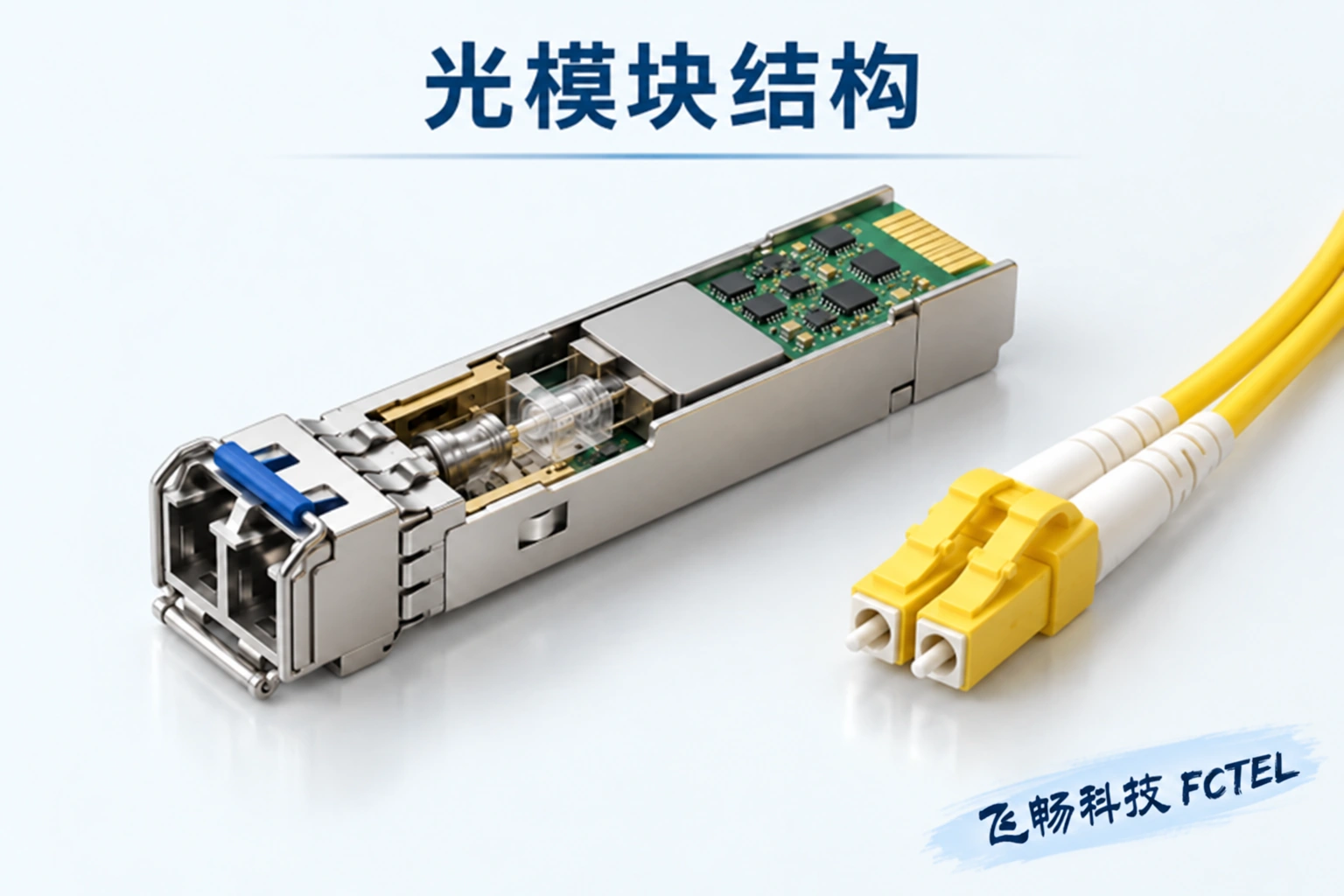 SFP光模块及其光纤连接器，展示光电转换器件的封装与接口