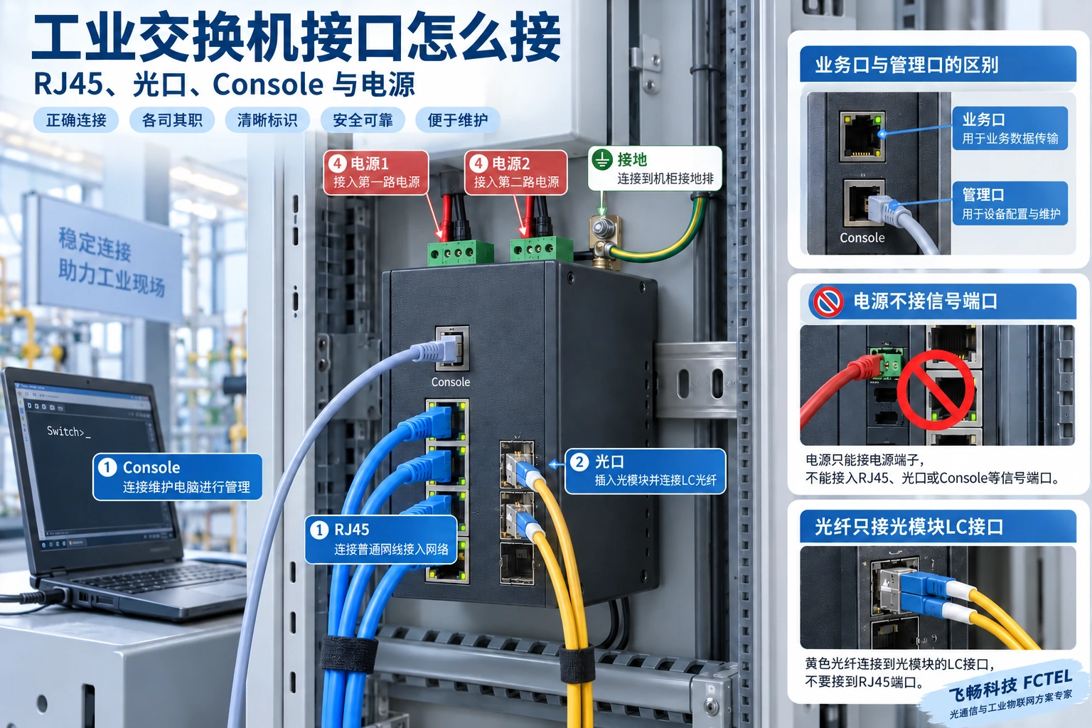 机柜内网线、光纤、供电和管理线分开核对;光纤必须接对应光学接口。