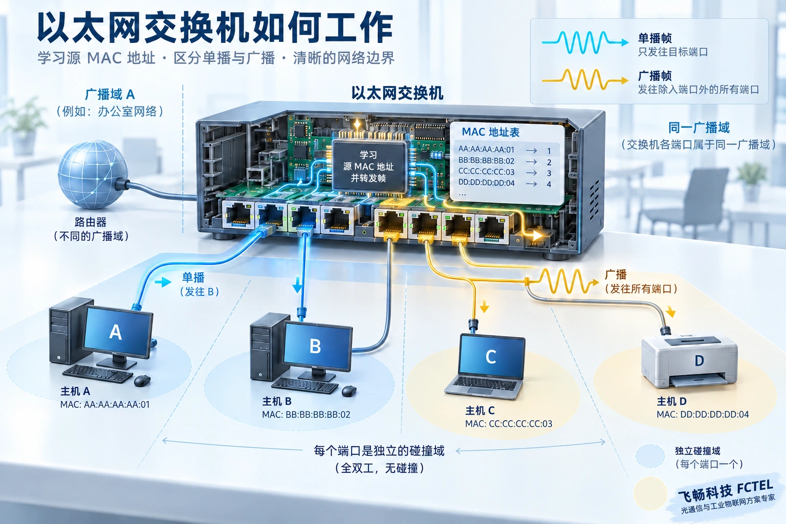 交换机的地址学习与广播传播受转发规则及VLAN配置影响。