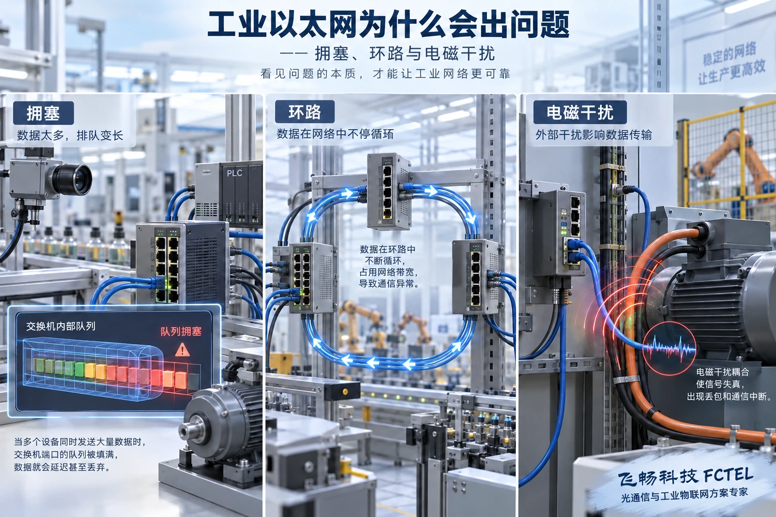 拥塞、循环与干扰是不同机制，需要分别识别，图中产线为工程原理场景。
