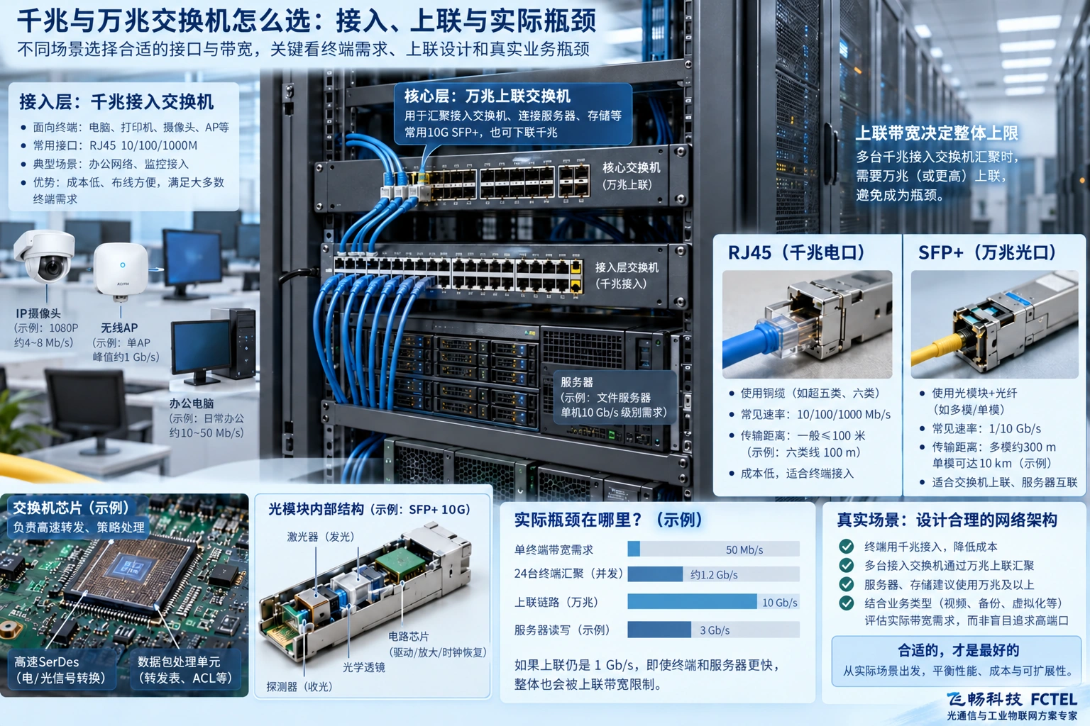 千兆接入与万兆上联可以组合使用,实际能力以端口、模块和设备资料为准。