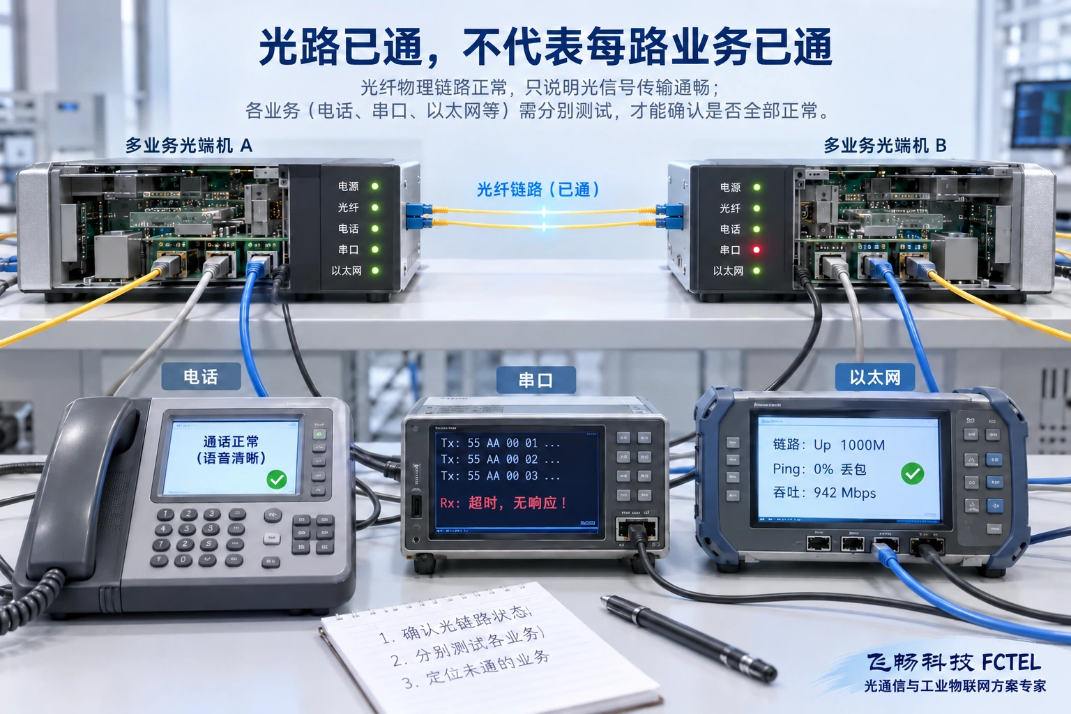 光路建立后仍要分别验证电话、串口和以太网等业务；设备面板不是所有业务的共同验收仪表。