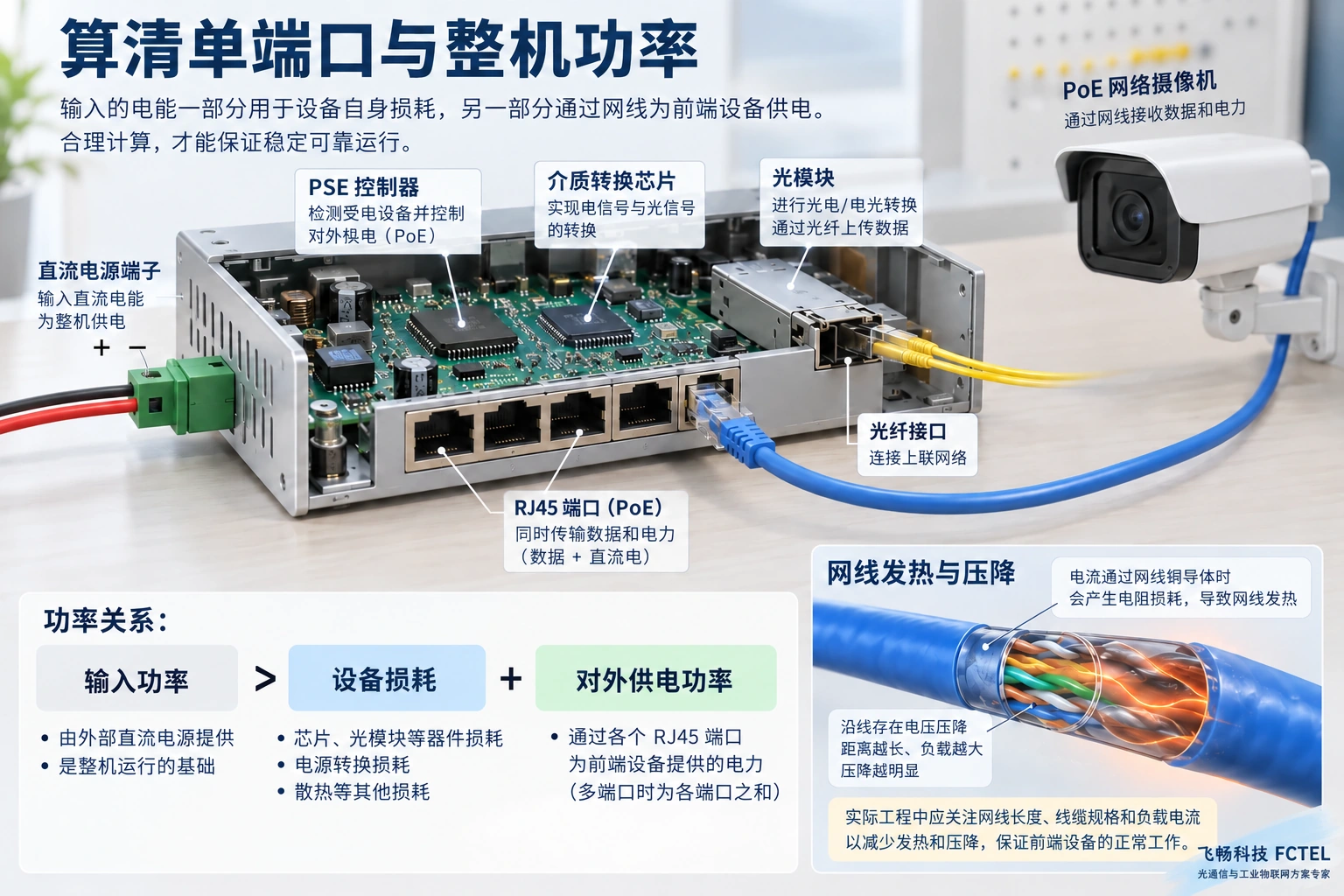 光电转换与PoE供电各有消耗和限制；功率核算应覆盖收发器、链路损耗与终端峰值需求。