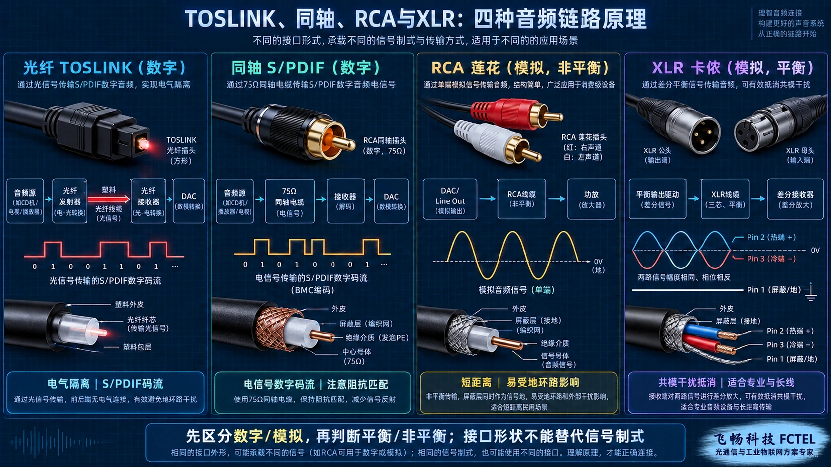 TOSLINK光纤、同轴S/PDIF、RCA莲花与XLR卡侬四种音频链路原理对比图