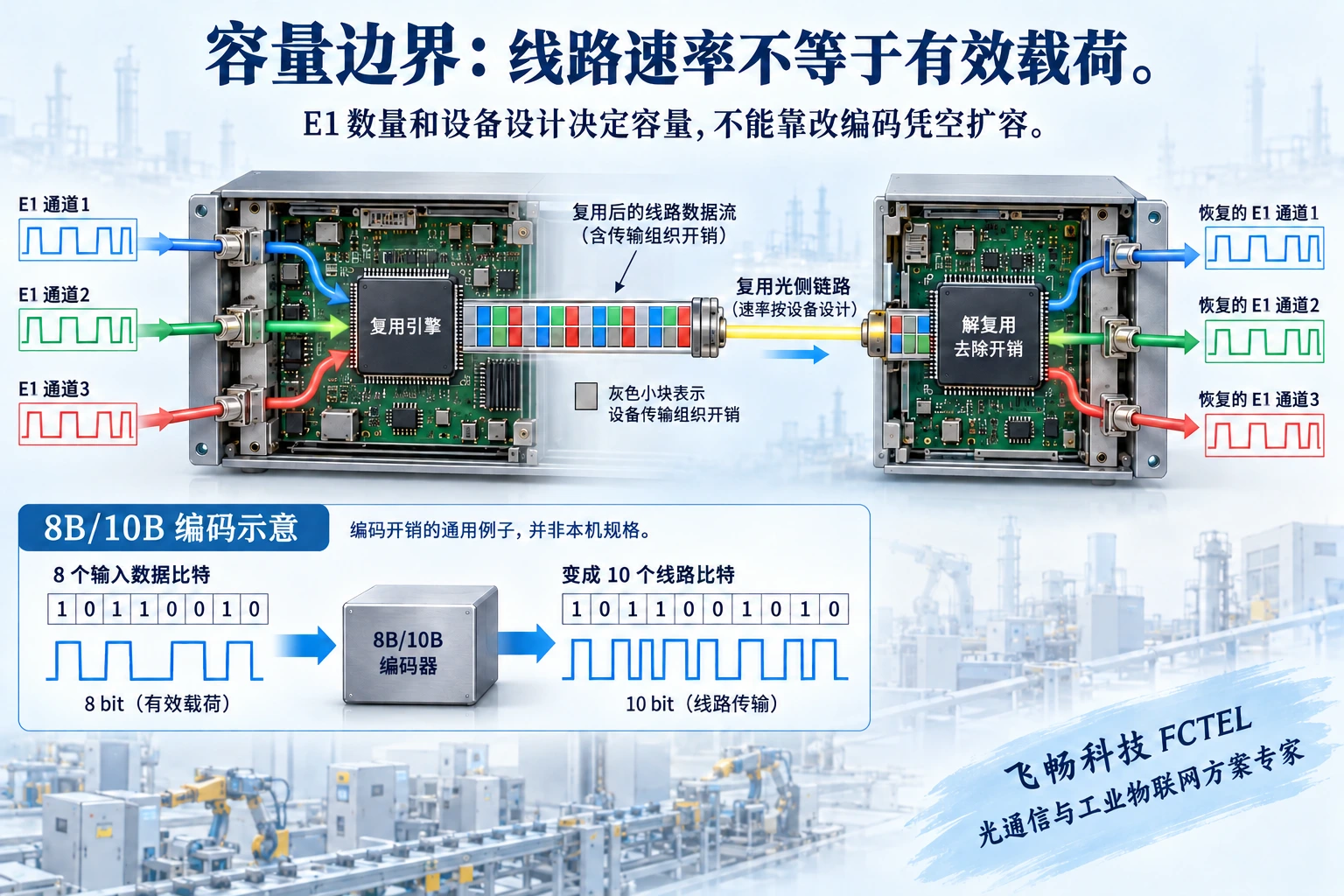 多路E1业务与传输开销分开组织，八比特编码为十比特说明编码开销
