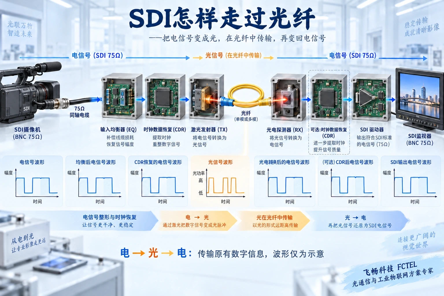 同轴输入经过均衡及必要的时钟处理，再进行电光传输和输出驱动；各机型内部位置可能不同。