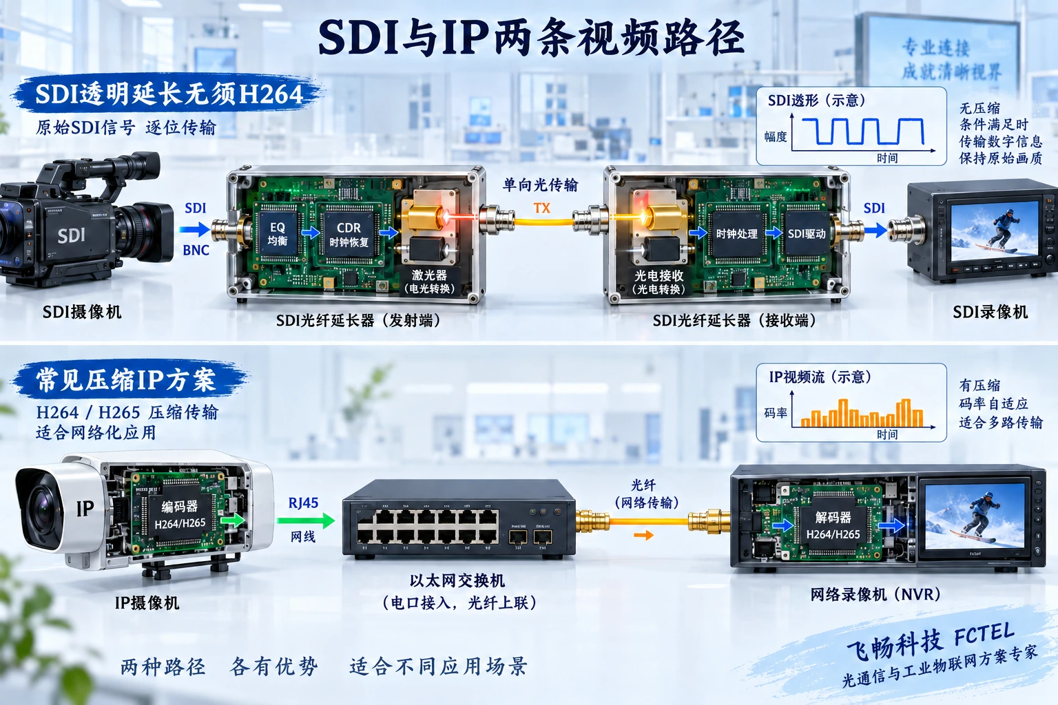 SDI透明传输与常见压缩IP系统是独立处理路径，不存在直接互插兼容。