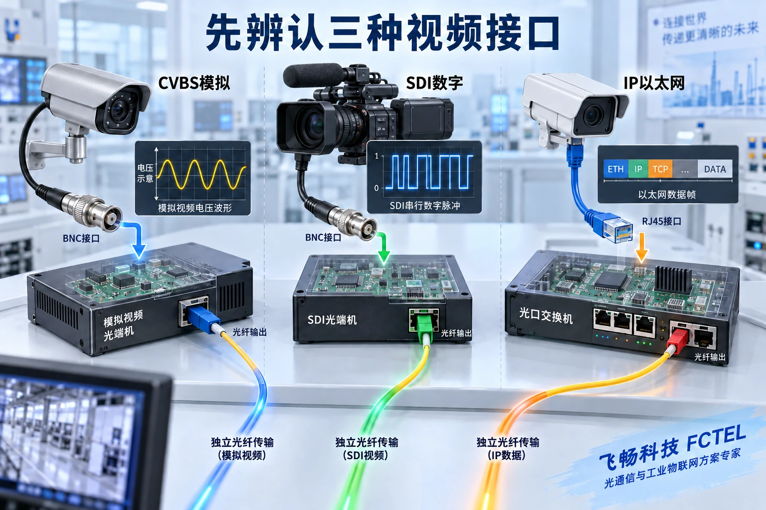CVBS连续电压、SDI数字串行信号与IP以太网帧分别进入相应传输设备，三种接口不能混接