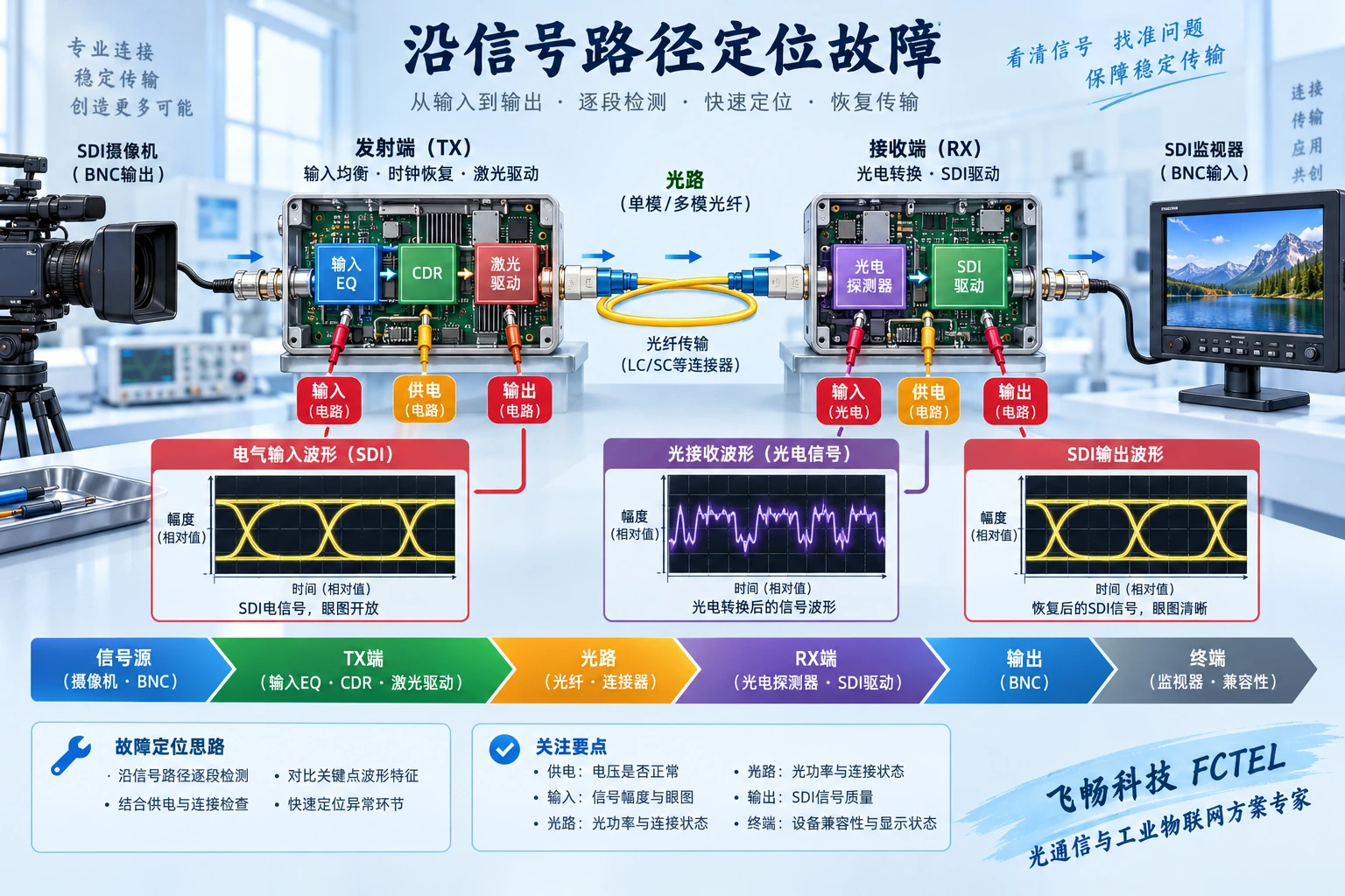沿供电、同轴输入、光路、同轴输出和终端逐段找证据,亮灯不能替代业务测试。