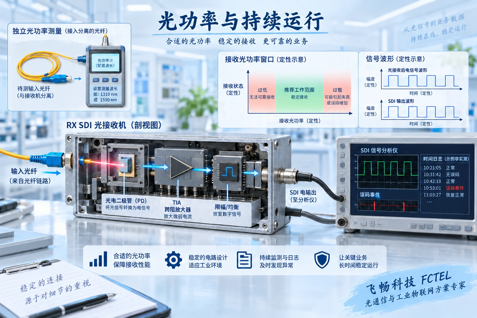 功率测量与业务持续测试分别进行；仪器和窗口均为示意，非实测报告。