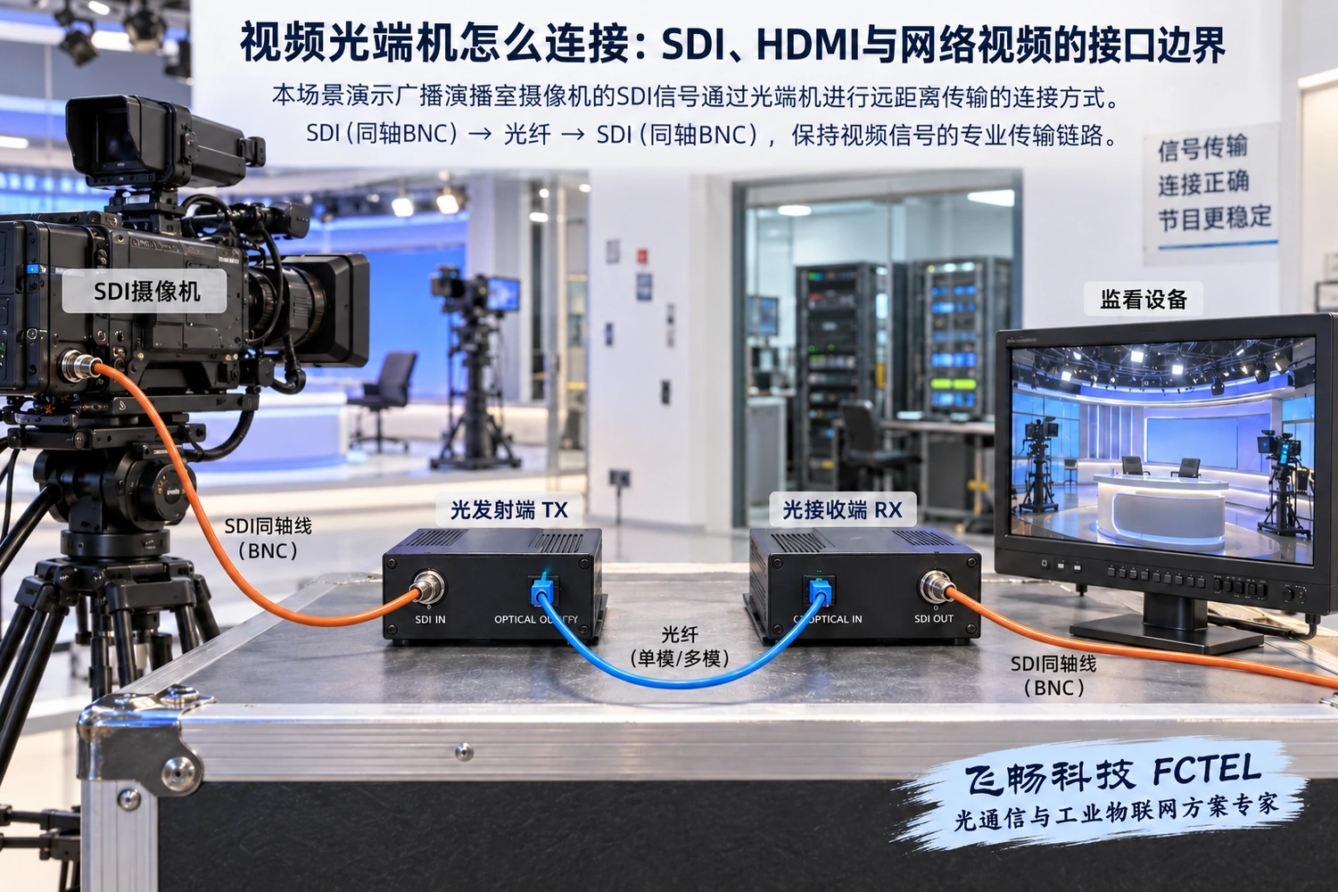 SDI视频光传输示意:BNC视频口、光口与发送接收角色分别对应,不能混插。