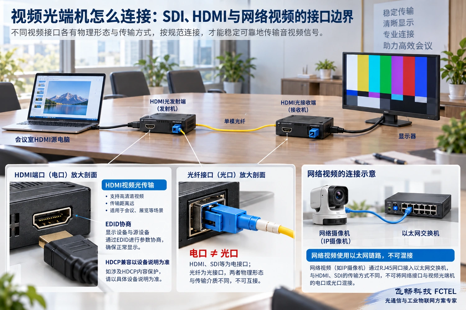 HDMI延长与网络视频是不同链路;HDMI需要核对显示协商,IP视频使用以太网系统。